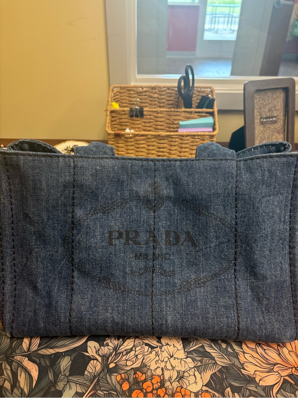 Prada Denim Logo Tote - Dark Blue